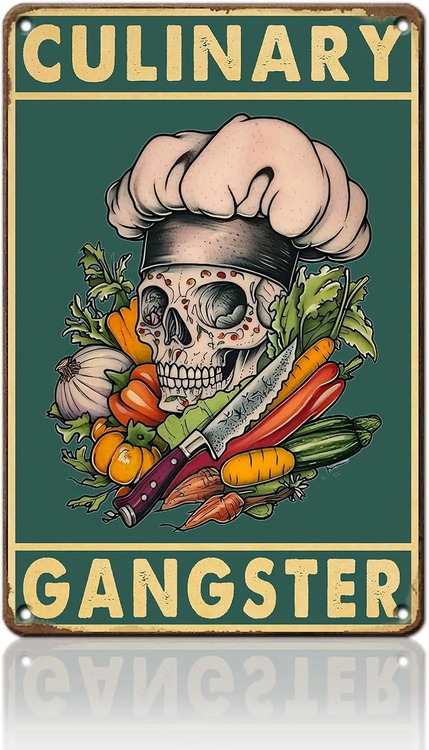 Home Cooking In - Skull Metal Tin Sign Culinary Gangster